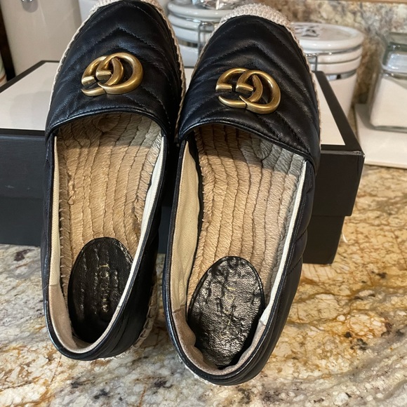 Authentic Black Leather Gucci Espadrille Double G Size 35 - Picture 2 of 9